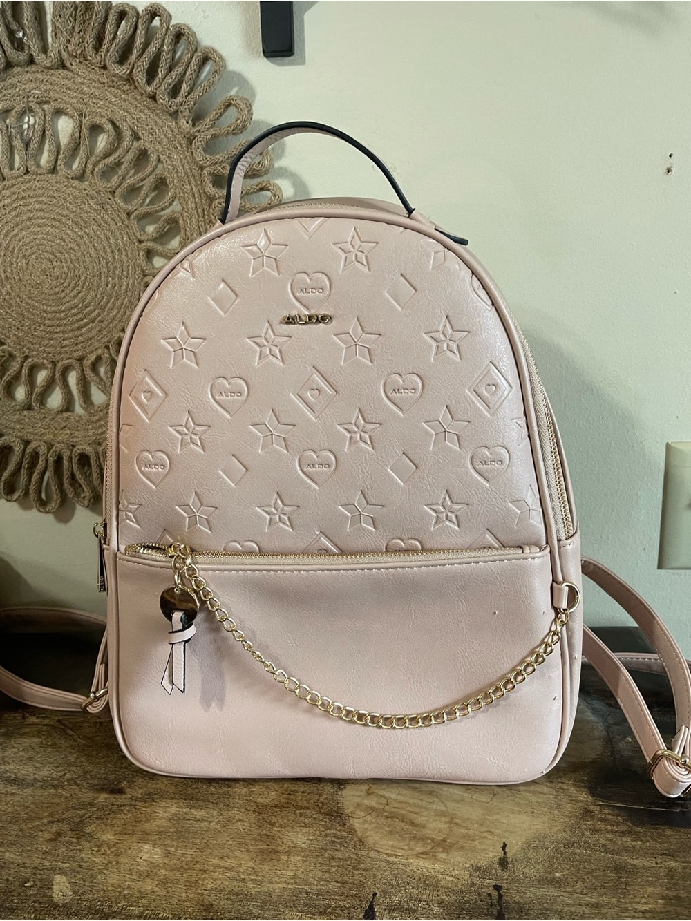 Aldo Light Blush Pink Embossed Mini Backpack with Gold Chain
